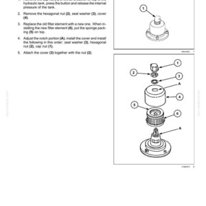 May include: Diagram of a hydraulic tank breather with numbered parts for maintenance instructions. Includes a cap nut, hexagonal nut, seal washer, cover, filter element, and sponge packing. Text reads "Replace the hydraulic tank breather every 1000 h."
