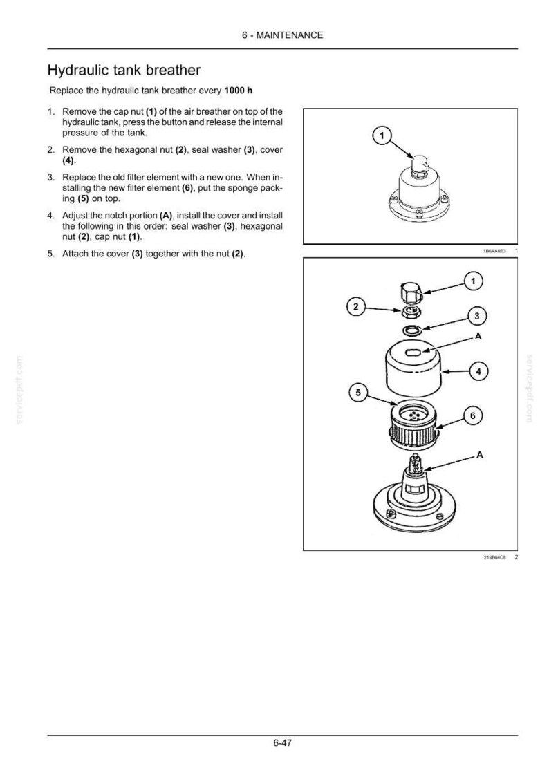 May include: Diagram of a hydraulic tank breather with numbered parts for maintenance instructions. Includes a cap nut, hexagonal nut, seal washer, cover, filter element, and sponge packing. Text reads "Replace the hydraulic tank breather every 1000 h."