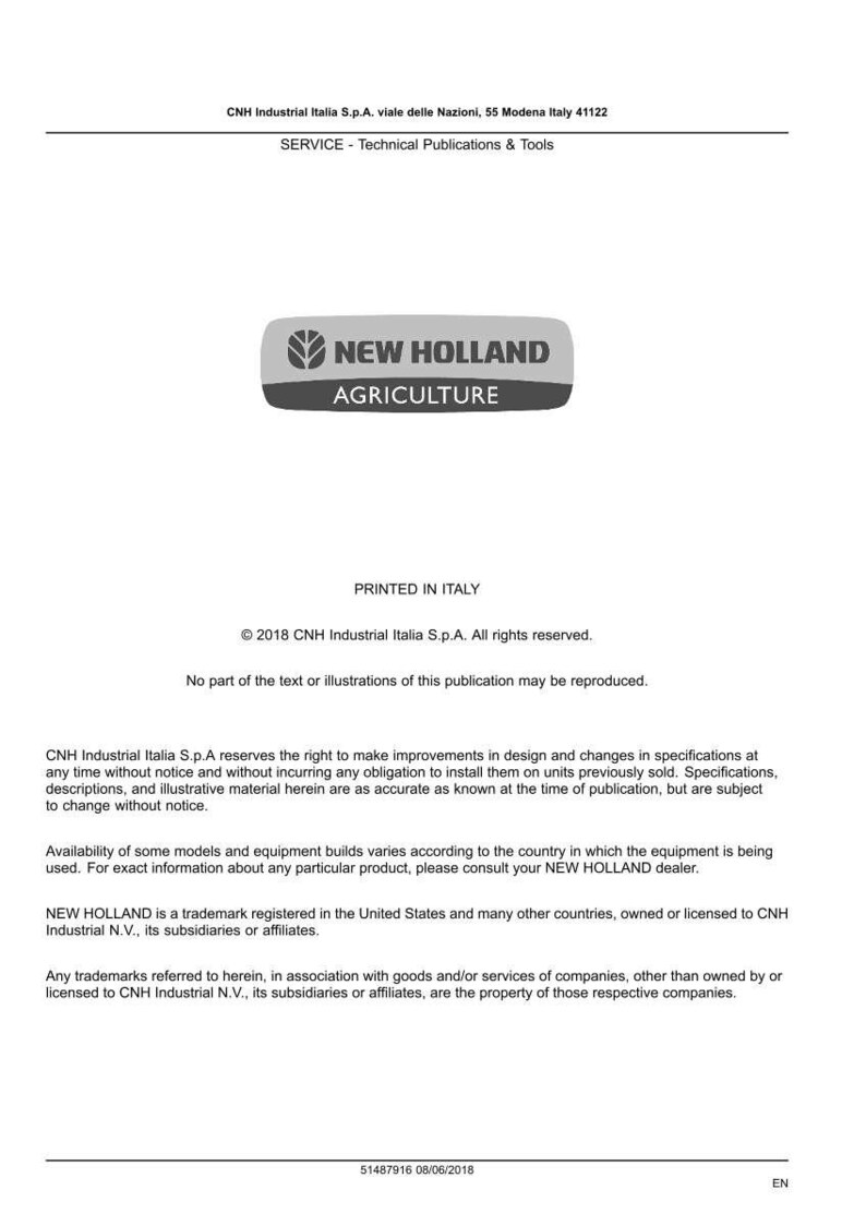May include: A white document featuring the "NEW HOLLAND AGRICULTURE" logo in grey. The document contains text regarding technical publications, copyright details, and trademark information. It is printed in Italy.