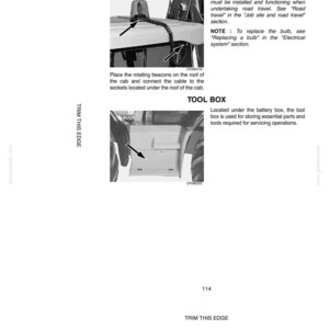 May include: A page from a manual detailing vehicle controls and accessories. It features diagrams of rotating beacons and a tool box, with instructions for installation and use. Text includes "Rotating Beacons" and "Tool Box".
