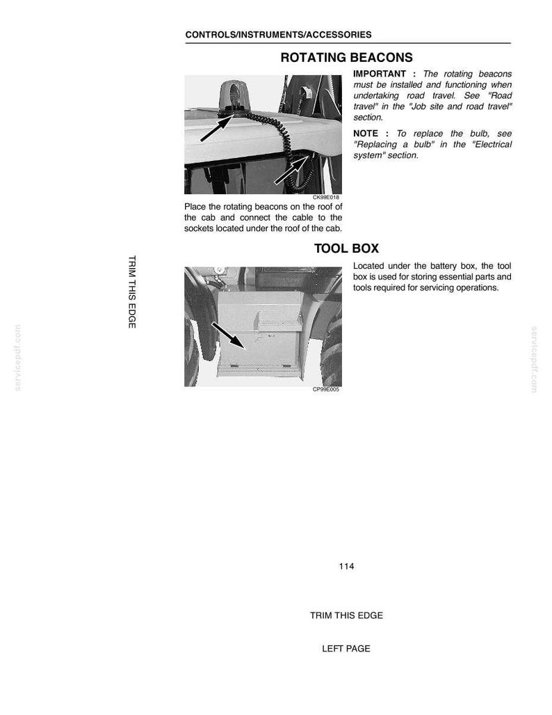 May include: A page from a manual detailing vehicle controls and accessories. It features diagrams of rotating beacons and a tool box, with instructions for installation and use. Text includes "Rotating Beacons" and "Tool Box".