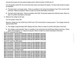 May include: A document titled "Electrical systems - FAULT CODES" with troubleshooting steps for UCM connection and voltage measurement. Includes wire harness electrical schematic sheets for various engine types. Text is in black on a white background.