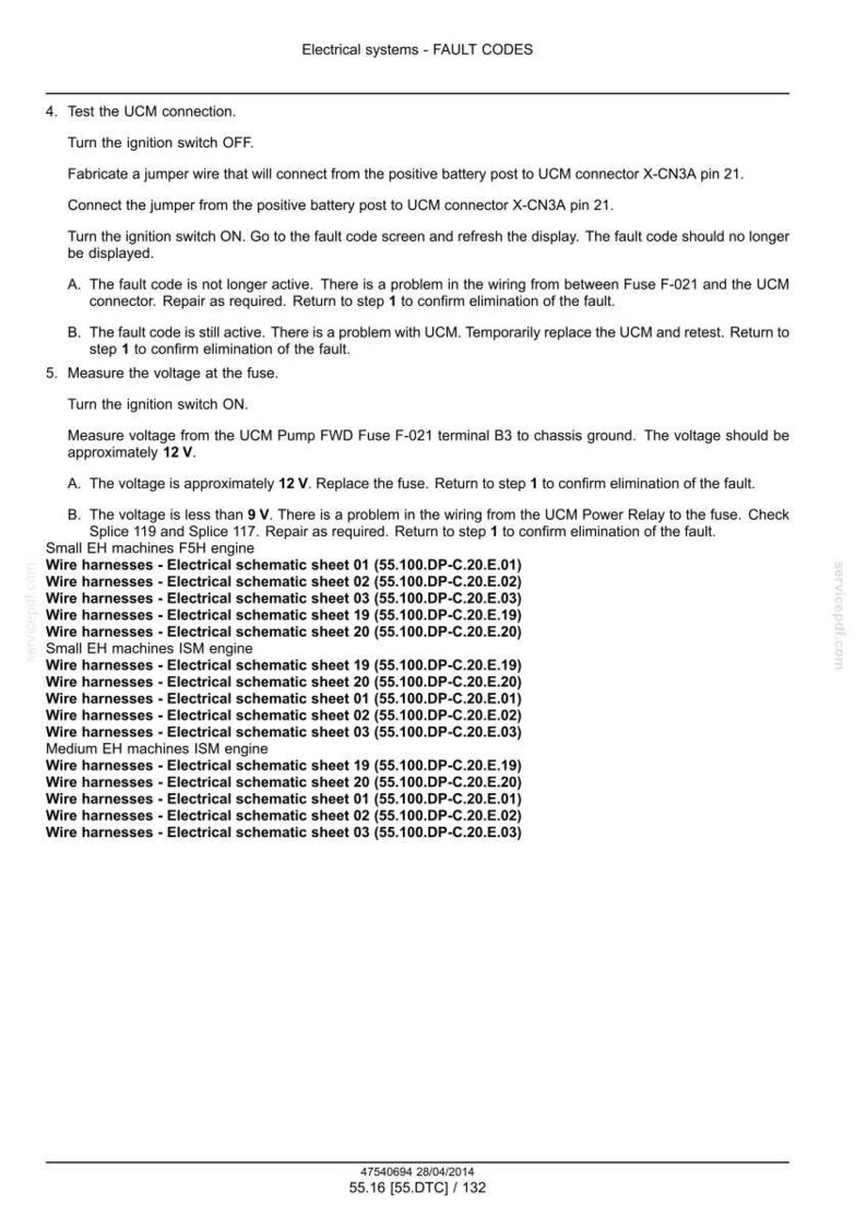 May include: A document titled "Electrical systems - FAULT CODES" with troubleshooting steps for UCM connection and voltage measurement. Includes wire harness electrical schematic sheets for various engine types. Text is in black on a white background.