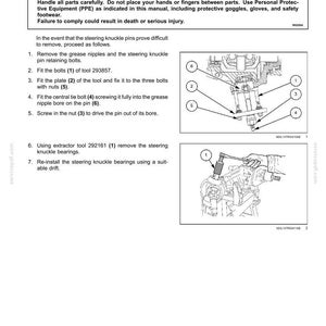 May include: Diagram illustrating the replacement of a steering knuckle and king pin on a 4WD vehicle. The instructions detail the steps, including using tools and removing components. Safety advice is provided.