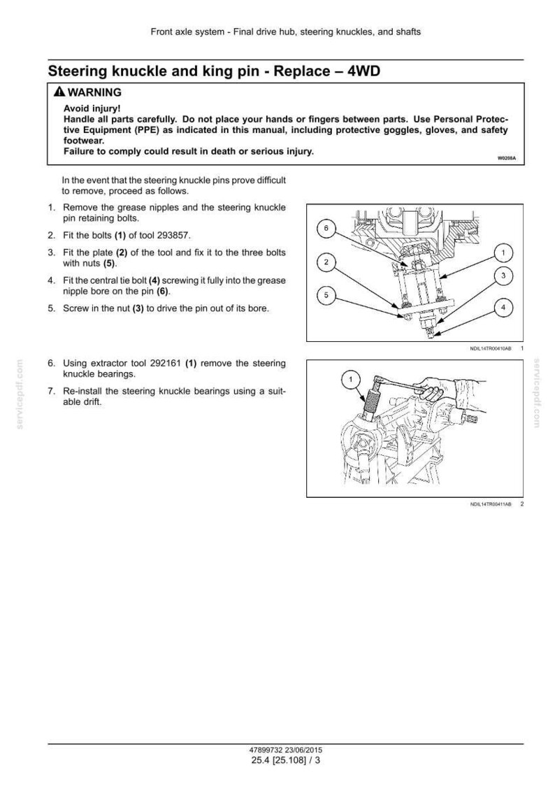 May include: Diagram illustrating the replacement of a steering knuckle and king pin on a 4WD vehicle. The instructions detail the steps, including using tools and removing components. Safety advice is provided.