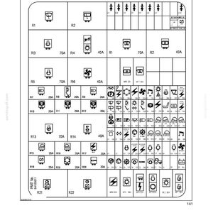 K&ouml;nnte beinhalten: Ein technisches Diagramm mit dem Titel SECTION 4 - LUBRICATION AND MAINTENANCE, das ein Raster von Mini-Sicherungen 1-60 zeigt. Das Dokument enth&auml;lt verschiedene elektrische Symbole, Relaisbezeichnungen von R1 bis R22 und Stromst&auml;rken wie 70A, 40A, 20A und 15A.