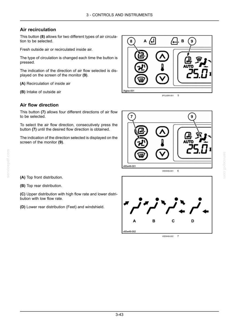 May include: Diagram of a car's climate control system, featuring buttons and a digital display. The image shows controls for air recirculation and air flow direction, with symbols and text labels for each function. The temperature is set to 25.0.