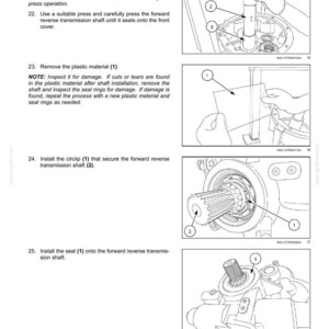 May include: Diagrams illustrating the assembly of a power shuttle transmission. The images show steps including inserting shafts, removing plastic material, installing circlips, and seals. Text labels and arrows indicate part numbers and assembly order.