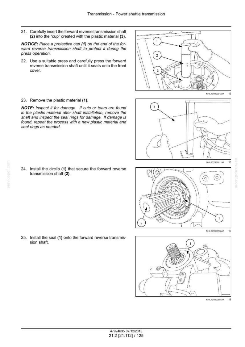 May include: Diagrams illustrating the assembly of a power shuttle transmission. The images show steps including inserting shafts, removing plastic material, installing circlips, and seals. Text labels and arrows indicate part numbers and assembly order.