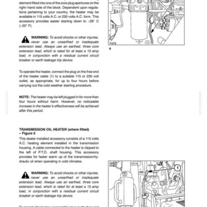 May include: A technical manual page titled FIELD OPERATION SECTION 3, featuring diagrams labeled Figure 4 and Figure 5. The text provides instructions for a coolant immersion heater and a transmission oil heater, including safety warnings and operation steps.