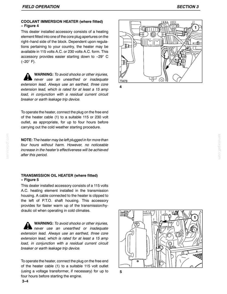 May include: A technical manual page titled FIELD OPERATION SECTION 3, featuring diagrams labeled Figure 4 and Figure 5. The text provides instructions for a coolant immersion heater and a transmission oil heater, including safety warnings and operation steps.