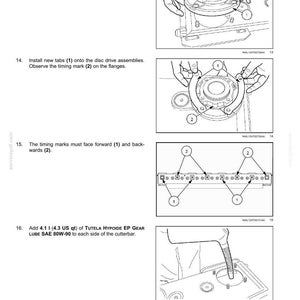 May include: Diagram showing the steps for mounting disc drive assemblies, installing new tabs, and adding gear lube. Includes text instructions and numbered labels for each step. The image also includes the text "Attachments/Headers - Attachment/Header cutting mechanism".