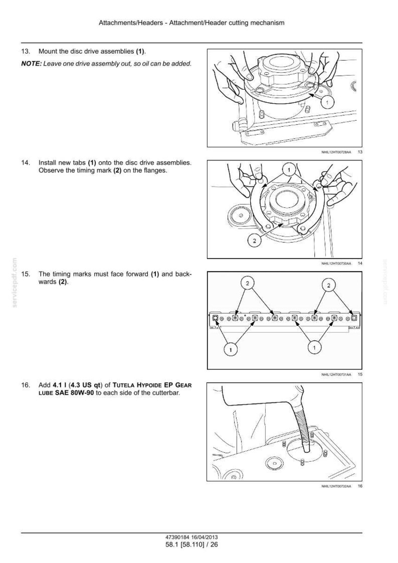 May include: Diagram showing the steps for mounting disc drive assemblies, installing new tabs, and adding gear lube. Includes text instructions and numbered labels for each step. The image also includes the text "Attachments/Headers - Attachment/Header cutting mechanism".