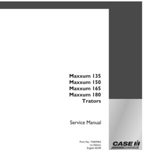 May include: A white service manual with the text "Maxxum 135, 150, 165, 180 Tractors" in black. The words "Service Manual" are below the tractor model names. The Case IH Agriculture logo is in the bottom right corner.