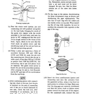 May include: Diagram of engine piston assembly with labels. Includes piston pin, connecting rod, piston rings, and guide. Instructions detail assembly steps, including force application and ring placement. Text includes measurements in pounds and inches.