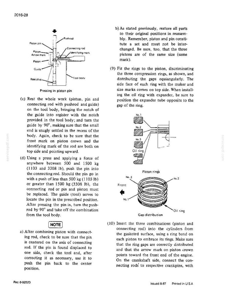 May include: Diagram of engine piston assembly with labels. Includes piston pin, connecting rod, piston rings, and guide. Instructions detail assembly steps, including force application and ring placement. Text includes measurements in pounds and inches.