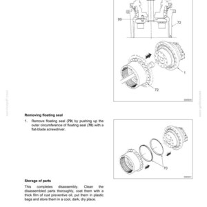 May include: Diagram of a travel device, with exploded views showing the separation of a flange from the housing and the removal of a floating seal. Includes numbered parts and text instructions for disassembly and storage.