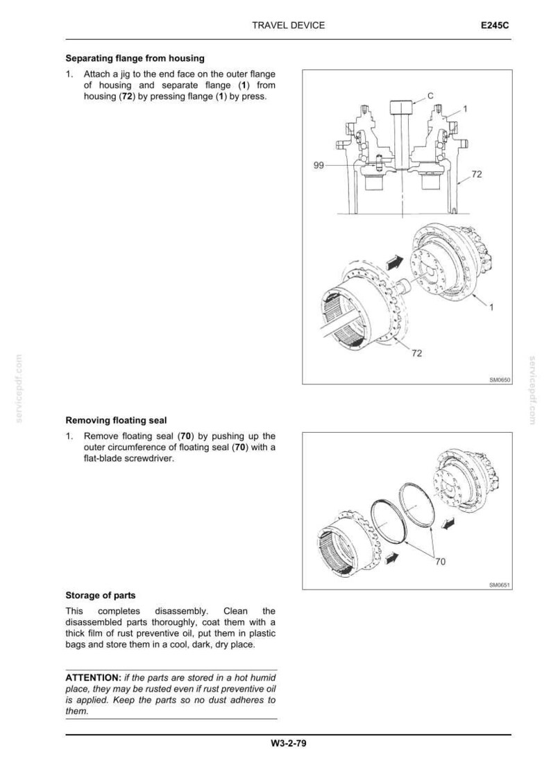 May include: Diagram of a travel device, with exploded views showing the separation of a flange from the housing and the removal of a floating seal. Includes numbered parts and text instructions for disassembly and storage.