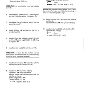May include: A detailed technical diagram with instructions for assembling boom cylinders. The document includes numbered steps, diagrams, and specifications for various components, such as bushings, seals, and rings. Measurements are in inches and foot-pounds.
