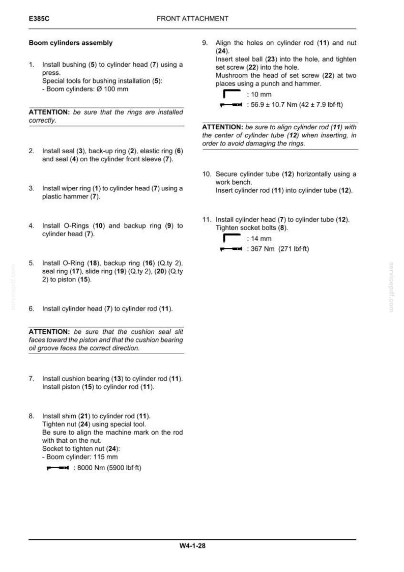 May include: A detailed technical diagram with instructions for assembling boom cylinders. The document includes numbered steps, diagrams, and specifications for various components, such as bushings, seals, and rings. Measurements are in inches and foot-pounds.