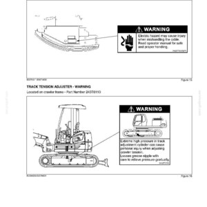 Peut inclure: Diagrammes de manuel avec des avertissements de s&eacute;curit&eacute; pour un c&acirc;ble de d&eacute;marrage et un tendeur de chenille. L'avertissement du c&acirc;ble de d&eacute;marrage comprend un symbole de main et du texte sur les risques &eacute;lectriques. L'avertissement du tendeur de chenille montre une machine et du texte sur la haute pression.