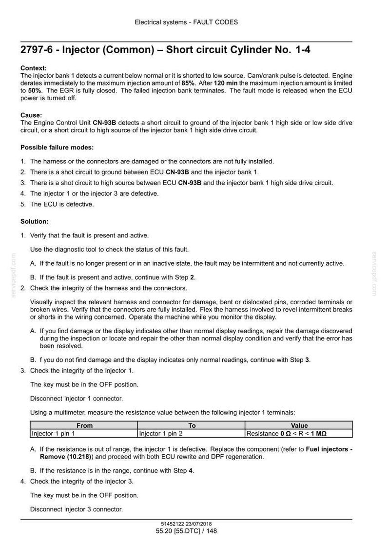 Puede incluir: Documento sobre c&oacute;digos de falla del sistema el&eacute;ctrico, con el c&oacute;digo 2797-6 relacionado con cortocircuitos en el inyector. Incluye contexto, causas, posibles fallos y soluciones para la resoluci&oacute;n de problemas.