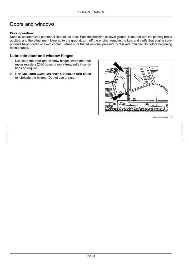 Op de afbeelding: Diagram van een machine deur en raam, met pijlen die smeerpunten aangeven. Tekst bevat "Smeer de deur- en raamscharnieren" en onderhoudsinstructies, inclusief het gebruik van CNH IRON GARD GRAPHITE LUBRICANT.