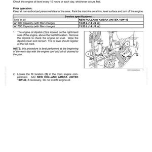 May include: A technical manual page titled 7-MAINTENANCE detailing engine oil level checks. It includes service specifications for New Holland Ambra Unitek 10W-40 oil, listing a 13.25 L or 14 US qt capacity, and a diagram showing dipstick 1 and fill location 2.