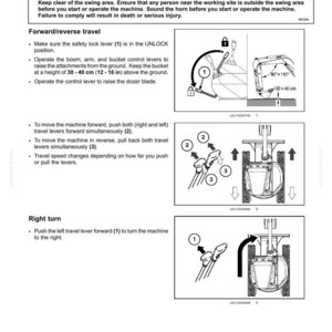Op de afbeelding: Diagram met instructies voor machinebewegingen. Bevat instructies voor vooruit/achteruit rijden en rechtsaf slaan. Veiligheidsinformatie wordt verstrekt, inclusief een waarschuwing over het zwenkgebied. Afmetingen in cm.