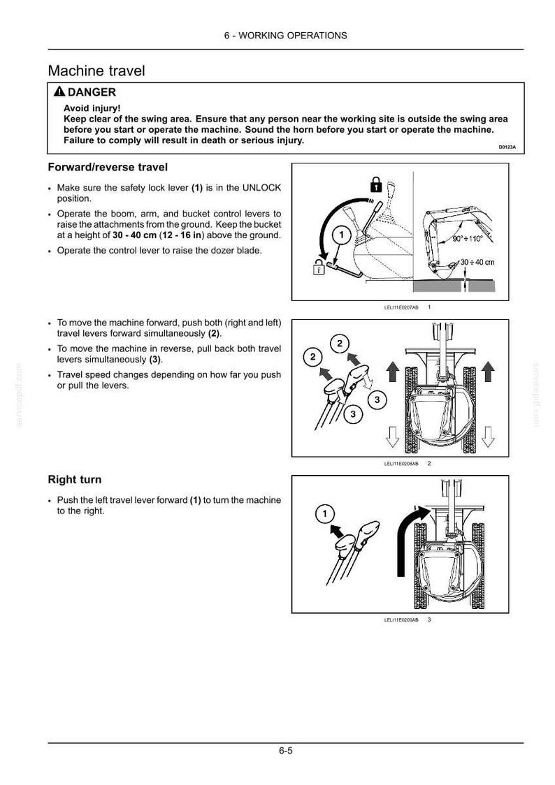 Op de afbeelding: Diagram met instructies voor machinebewegingen. Bevat instructies voor vooruit/achteruit rijden en rechtsaf slaan. Veiligheidsinformatie wordt verstrekt, inclusief een waarschuwing over het zwenkgebied. Afmetingen in cm.