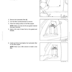 Pode incluir: Uma p&aacute;gina do manual de manuten&ccedil;&atilde;o que detalha a substitui&ccedil;&atilde;o do filtro hidrost&aacute;tico. As etapas incluem a remo&ccedil;&atilde;o de parafusos, do filtro e a limpeza das superf&iacute;cies. Diagramas ilustram cada etapa, com notas de texto que enfatizam a limpeza e a instala&ccedil;&atilde;o correta.