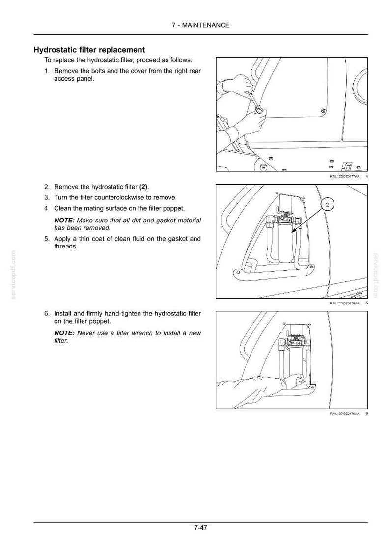 Pode incluir: Uma p&aacute;gina do manual de manuten&ccedil;&atilde;o que detalha a substitui&ccedil;&atilde;o do filtro hidrost&aacute;tico. As etapas incluem a remo&ccedil;&atilde;o de parafusos, do filtro e a limpeza das superf&iacute;cies. Diagramas ilustram cada etapa, com notas de texto que enfatizam a limpeza e a instala&ccedil;&atilde;o correta.