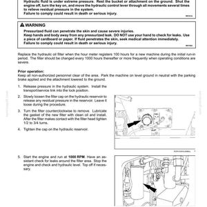 May include: A maintenance manual page detailing the replacement of hydraulic oil filters. The page includes safety warnings, step-by-step instructions, and diagrams. The text is in black and white.