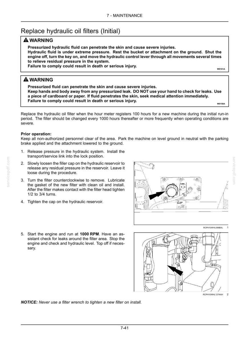 May include: A maintenance manual page detailing the replacement of hydraulic oil filters. The page includes safety warnings, step-by-step instructions, and diagrams. The text is in black and white.