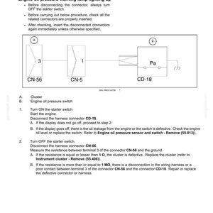 May include: Diagram of an engine oil pressure sensor and switch, with troubleshooting instructions. The diagram includes labeled components like CN-56, CN-5, and CD-18, with steps for checking and replacing parts.
