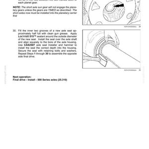 May include: Diagram of a front axle system with instructions for installation. Includes close-up illustrations of components, with text describing steps for installing a nylon thrust insert, axle seal, and other parts. Text includes "Final drives".