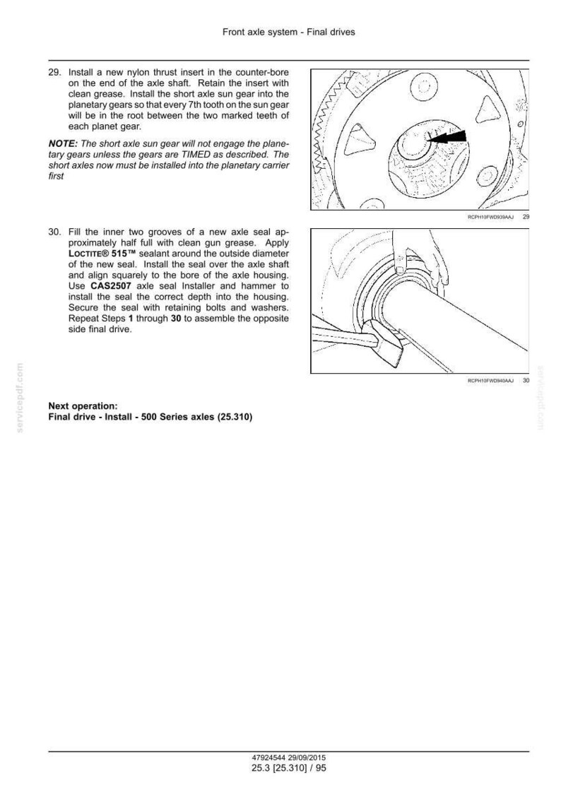 May include: Diagram of a front axle system with instructions for installation. Includes close-up illustrations of components, with text describing steps for installing a nylon thrust insert, axle seal, and other parts. Text includes "Final drives".