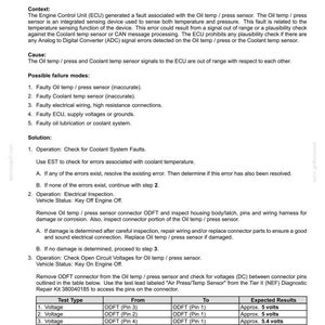 Puede incluir: Documento t&eacute;cnico sobre c&oacute;digos de error de un sensor de temperatura de aceite. Detalla posibles problemas, causas y pasos para la soluci&oacute;n de problemas, incluyendo comprobaciones de voltaje. Medidas en voltios.
