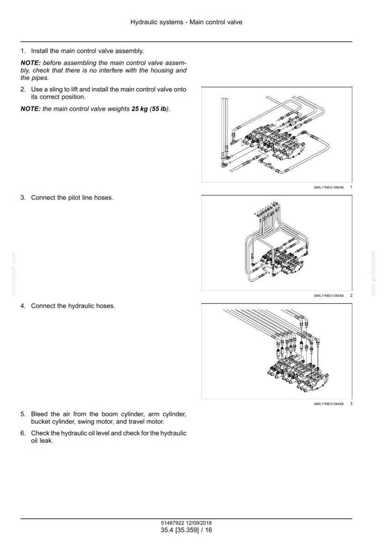 Może przedstawiać: Schemat gł&oacute;wnego zaworu sterującego układu hydraulicznego z instrukcjami instalacji i podłączenia węży. Zaw&oacute;r waży 25 kg. Tekst zawiera kroki montażu i konserwacji.