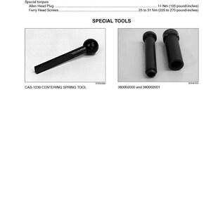 May include: Page from a manual with specifications and special tools. The specifications include measurements in inches and pound-inches. The special tools include a centering spring tool and two cylindrical tools.