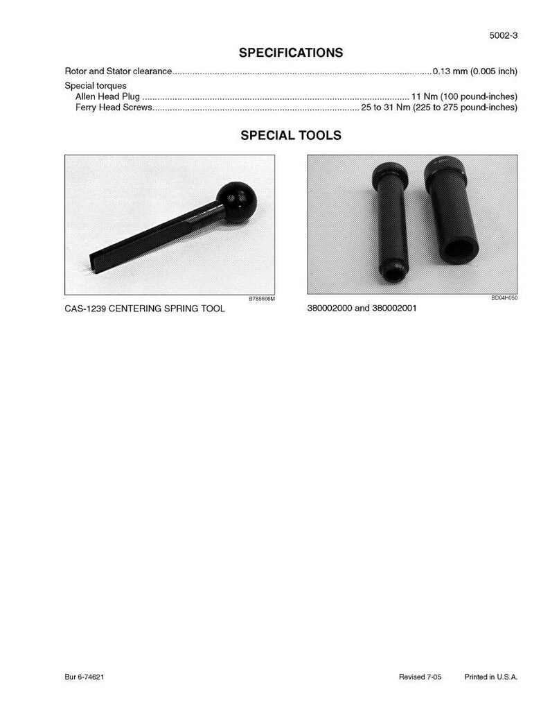 May include: Page from a manual with specifications and special tools. The specifications include measurements in inches and pound-inches. The special tools include a centering spring tool and two cylindrical tools.