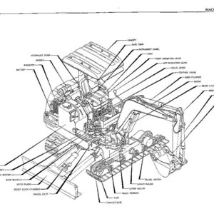 May include: A technical line drawing labeled MACHINE CONFIGURATION and EXTERNAL VIEW, showing an excavator with components identified including the canopy, fuel tank, instrument panel, seat, operation levers, boom, arm, bucket, and crawler tracks.
