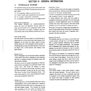 May include: A technical document page titled SECTION VI GENERAL INFORMATION 1. HYDRAULIC SYSTEM. The text details hydraulic circuits, fuel saving systems, travel circuits, swing circuits, attachment circuits, hydraulic oil control, and pilot circuits.