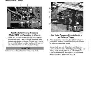 Puede incluir: Un diagrama t&eacute;cnico con instrucciones para instalar man&oacute;metros y ajustar las v&aacute;lvulas de equilibrio. La imagen incluye vistas de cerca de los componentes del motor, etiquetados con n&uacute;meros y flechas, e instrucciones de texto detalladas.