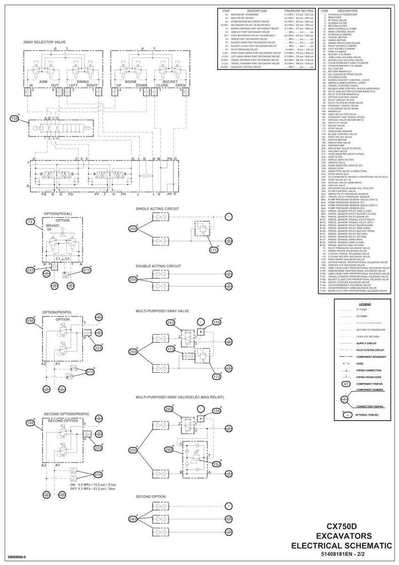 May include: Electrical schematic diagram for a CX750D excavator. The diagram includes 2-way selector valves, single and double acting circuits, and multi-purpose valves. Text includes "Electrical Schematic" and "CX750D Excavators".