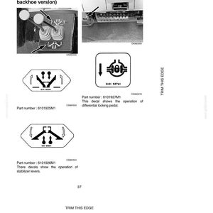 May include: Diagram of a backhoe control panel with labels for stabilizer controls and differential lock. Includes illustrations of hand signals and part numbers for reference. The image is in black and white.