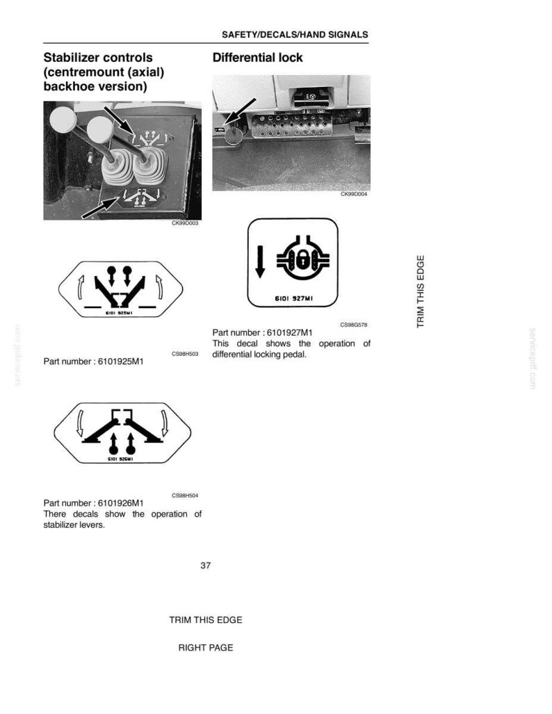 May include: Diagram of a backhoe control panel with labels for stabilizer controls and differential lock. Includes illustrations of hand signals and part numbers for reference. The image is in black and white.