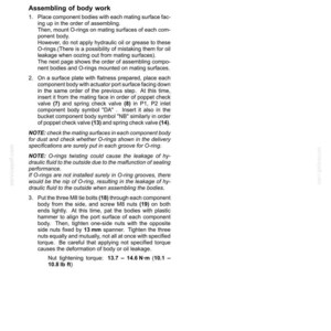 May include: Technical document titled "Stacked control valves - Assemble" detailing the assembly of hydraulic system components. Includes instructions for placing component bodies, mounting O-rings, and tightening bolts. Measurements are in inches and pounds.