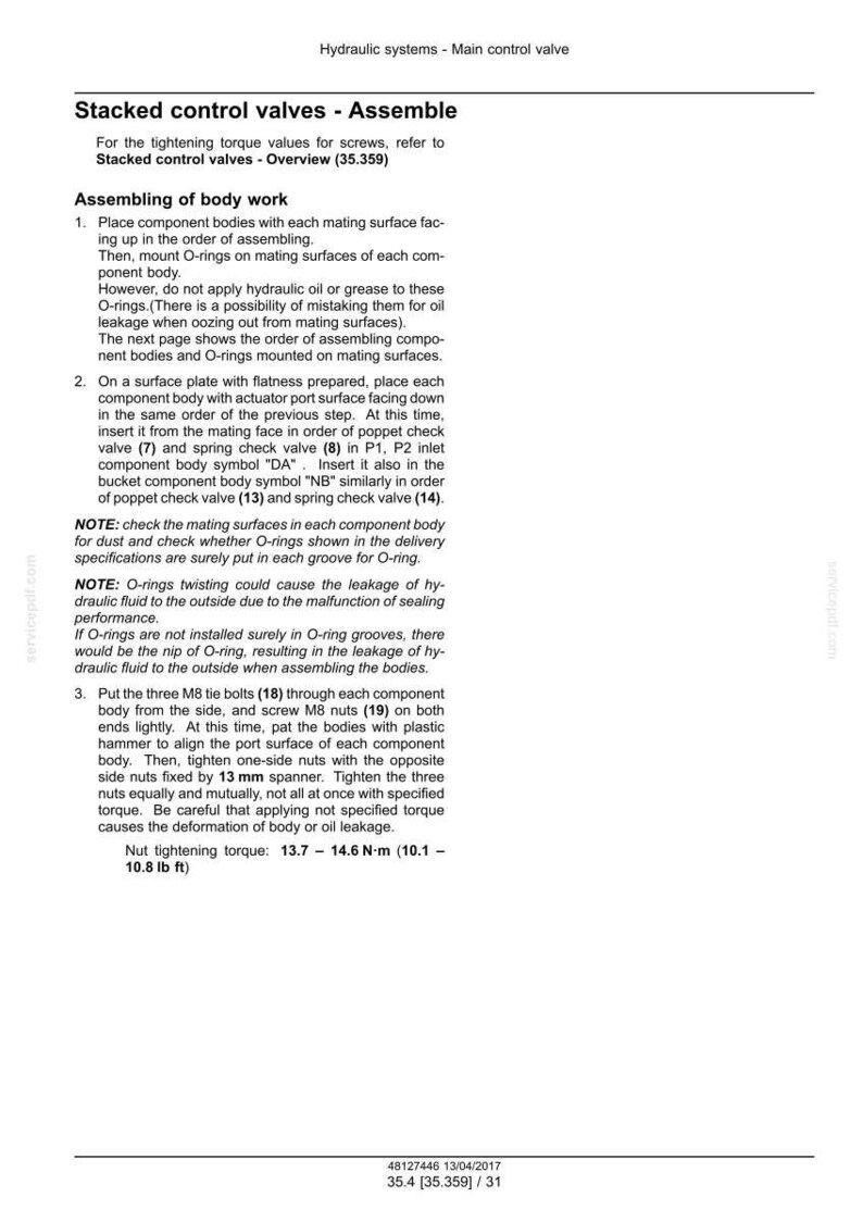 May include: Technical document titled "Stacked control valves - Assemble" detailing the assembly of hydraulic system components. Includes instructions for placing component bodies, mounting O-rings, and tightening bolts. Measurements are in inches and pounds.