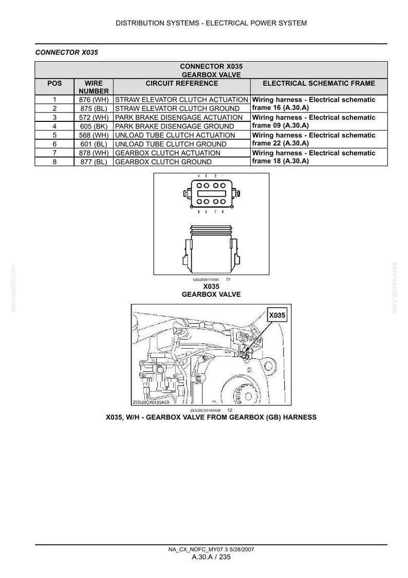 Puede incluir: Un documento t&eacute;cnico titulado Distribution Systems - Electrical Power System, Connector X035 Gearbox Valve. Incluye una tabla que enumera ocho posiciones de cables, n&uacute;meros, referencias de circuitos y marcos esquem&aacute;ticos, adem&aacute;s de un diagrama del conector.